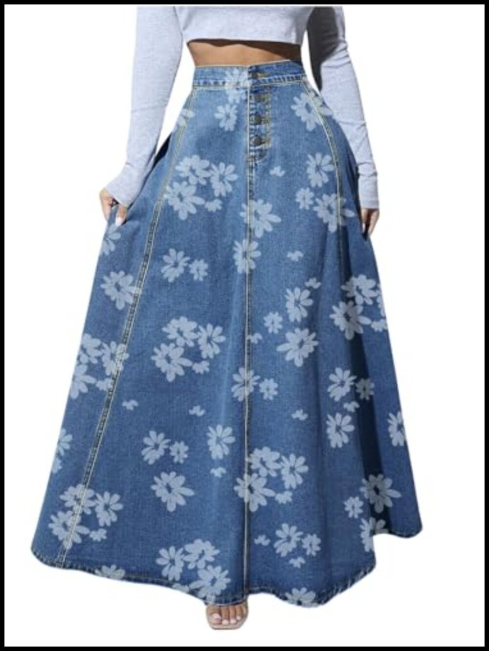 High Waisted Button Fly Flared Long Jean Skirt Pleated A-Line Maxi Skirt